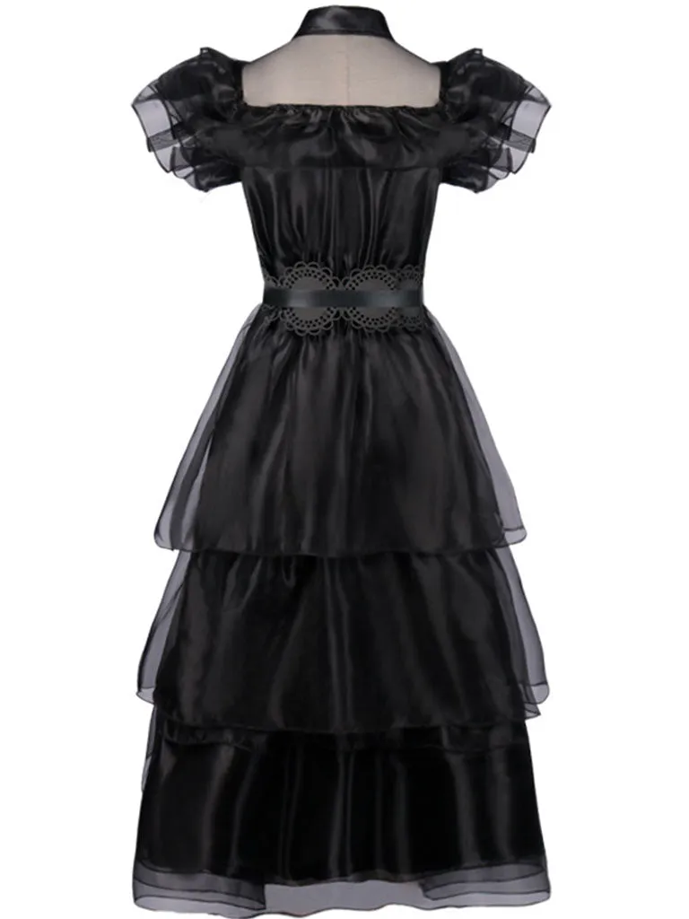 Black Ruffles Gothic Style Organza Vintage Dress Wednesday Dress With Belt