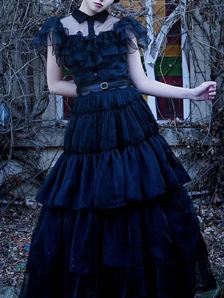 Black Ruffles Gothic Style Organza Vintage Dress Wednesday Dress With Belt