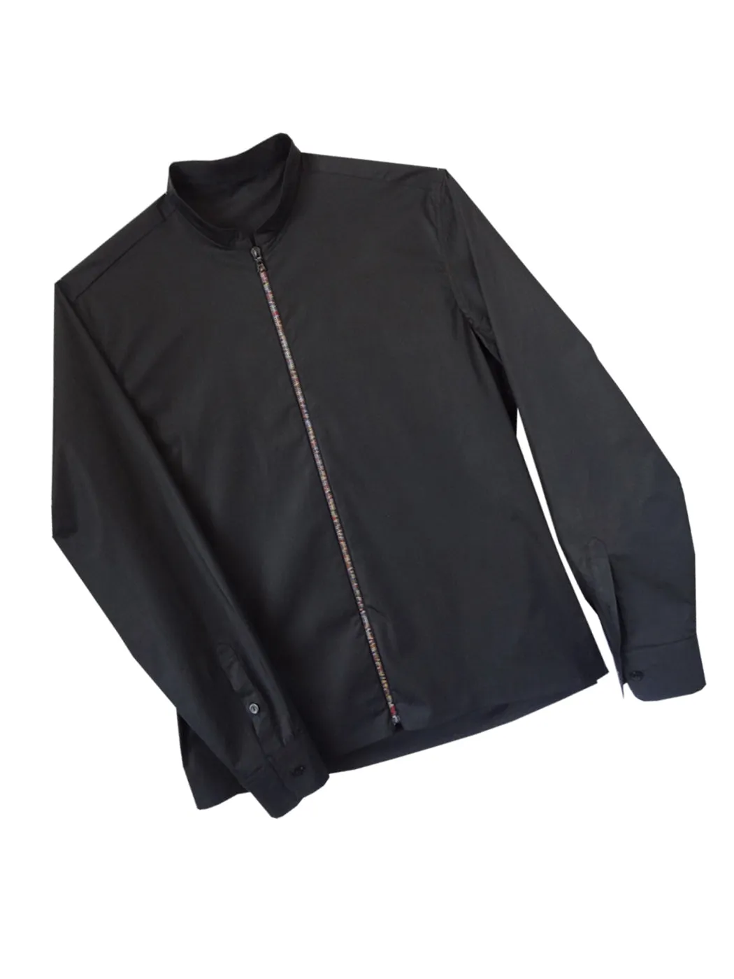 Black Zipper Shirt with Mandarin Collar