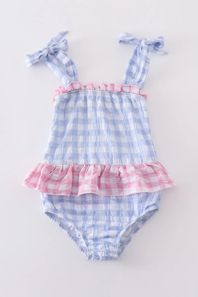 Blue Seersucker Gingham One-piece Girl Swimsuit