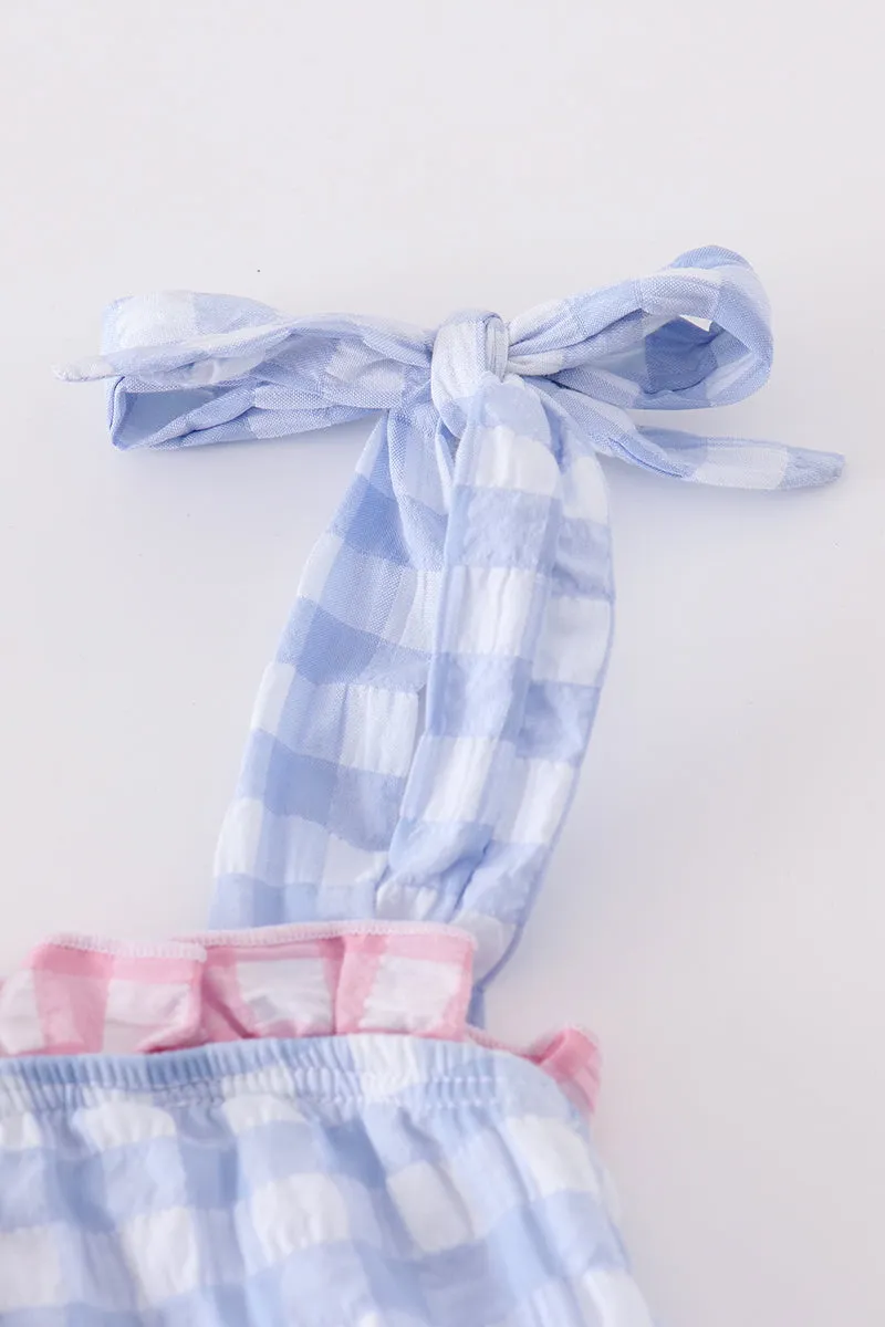 Blue Seersucker Gingham One-piece Girl Swimsuit