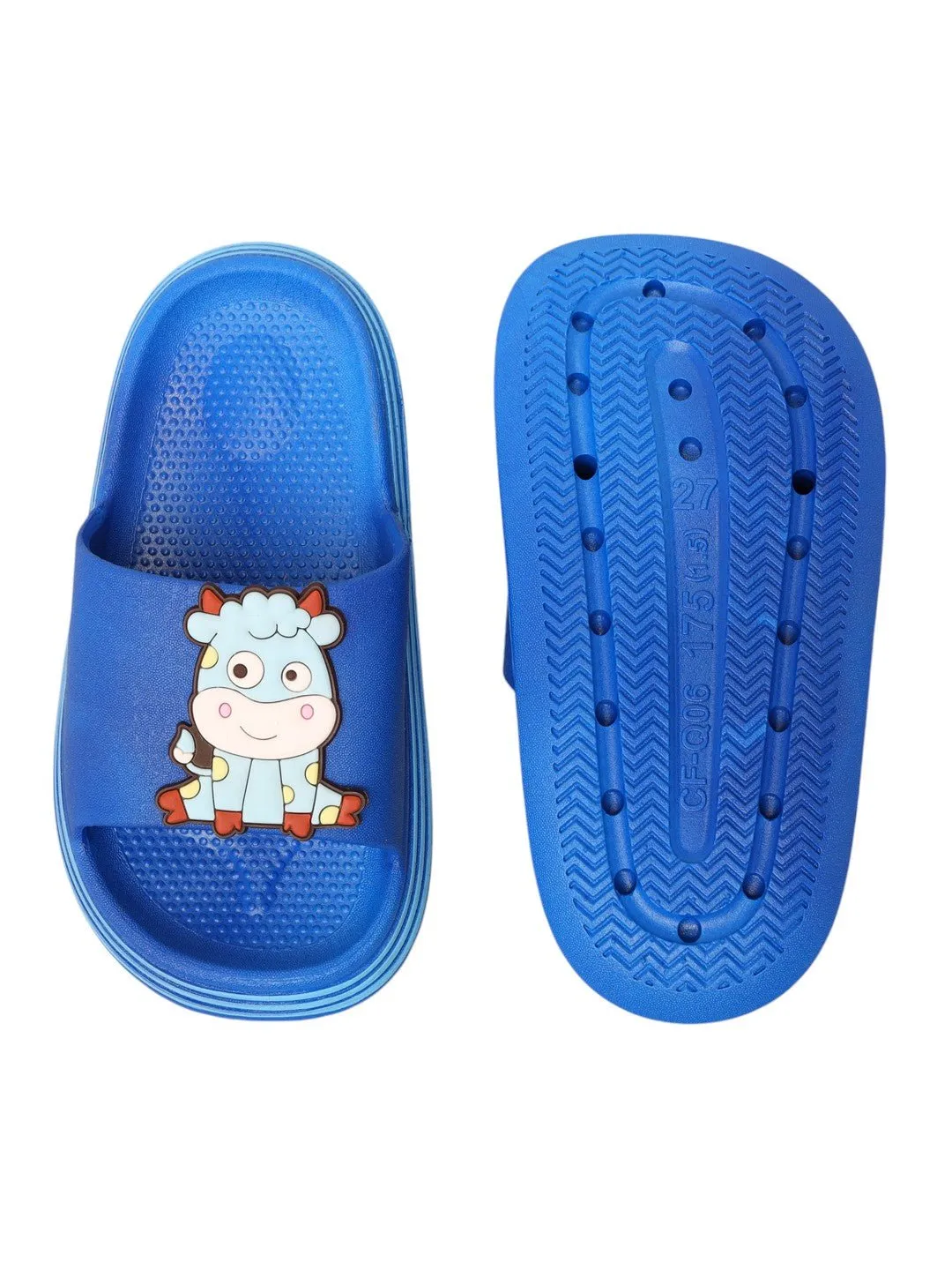 Comfy Critter Kids' Cow Applique Slides in Deep Blue