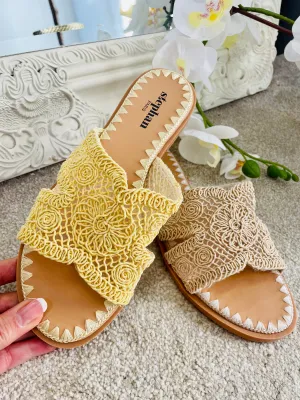 CROCHET EFFECT SLIDER SANDALS ( 256 ) - yellow and beige
