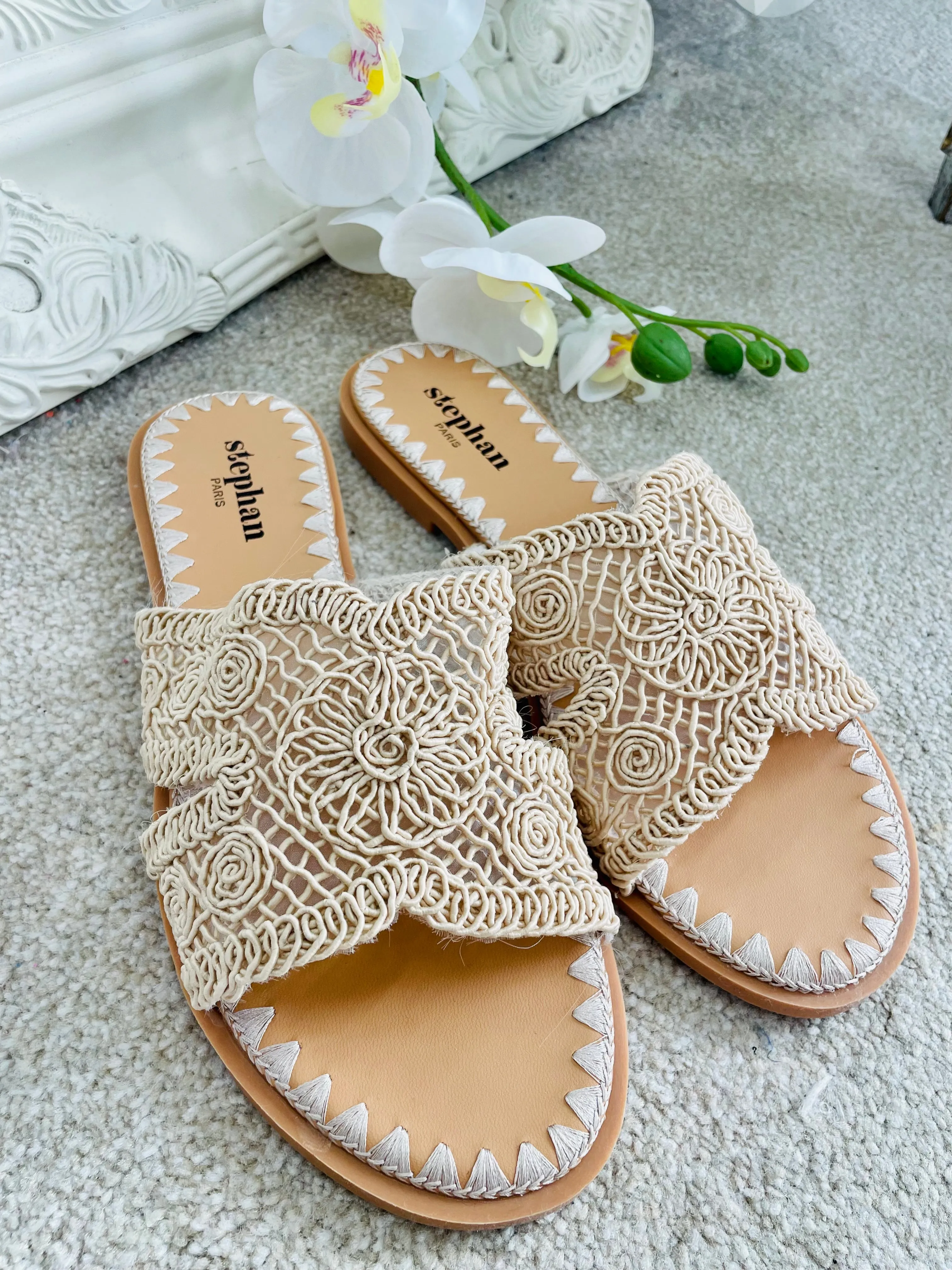CROCHET EFFECT SLIDER SANDALS ( 256 ) - yellow and beige
