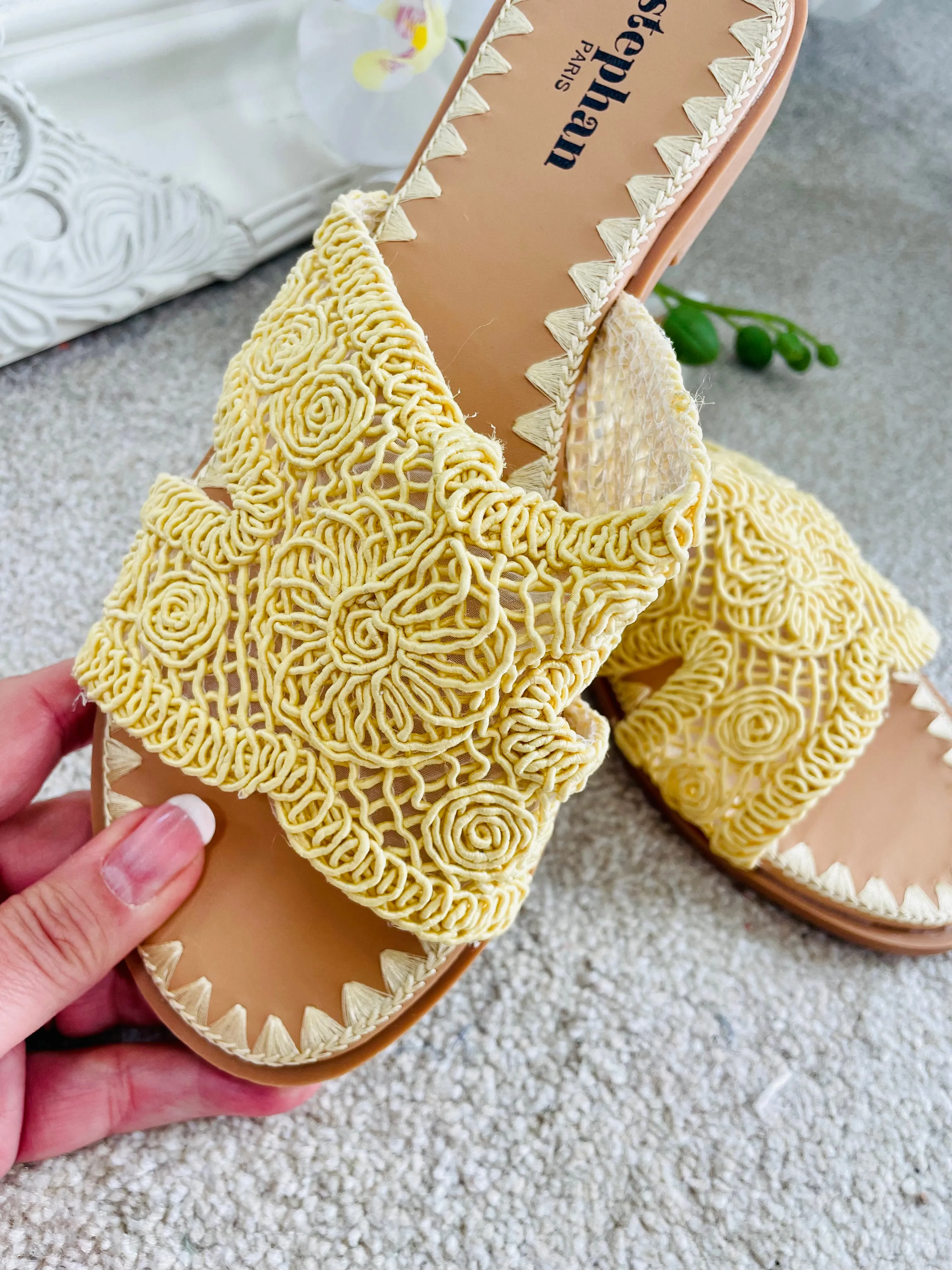 CROCHET EFFECT SLIDER SANDALS ( 256 ) - yellow and beige