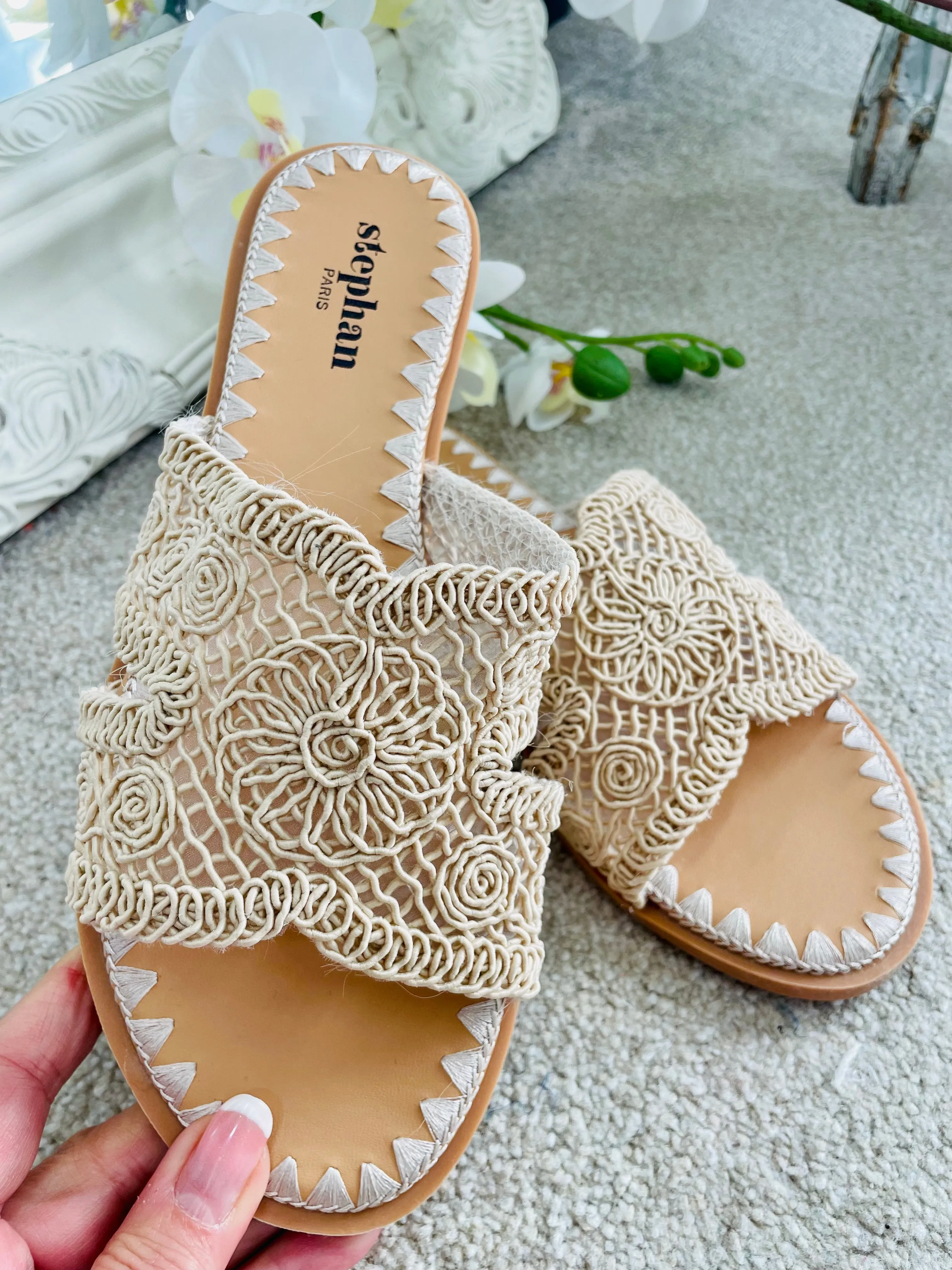CROCHET EFFECT SLIDER SANDALS ( 256 ) - yellow and beige