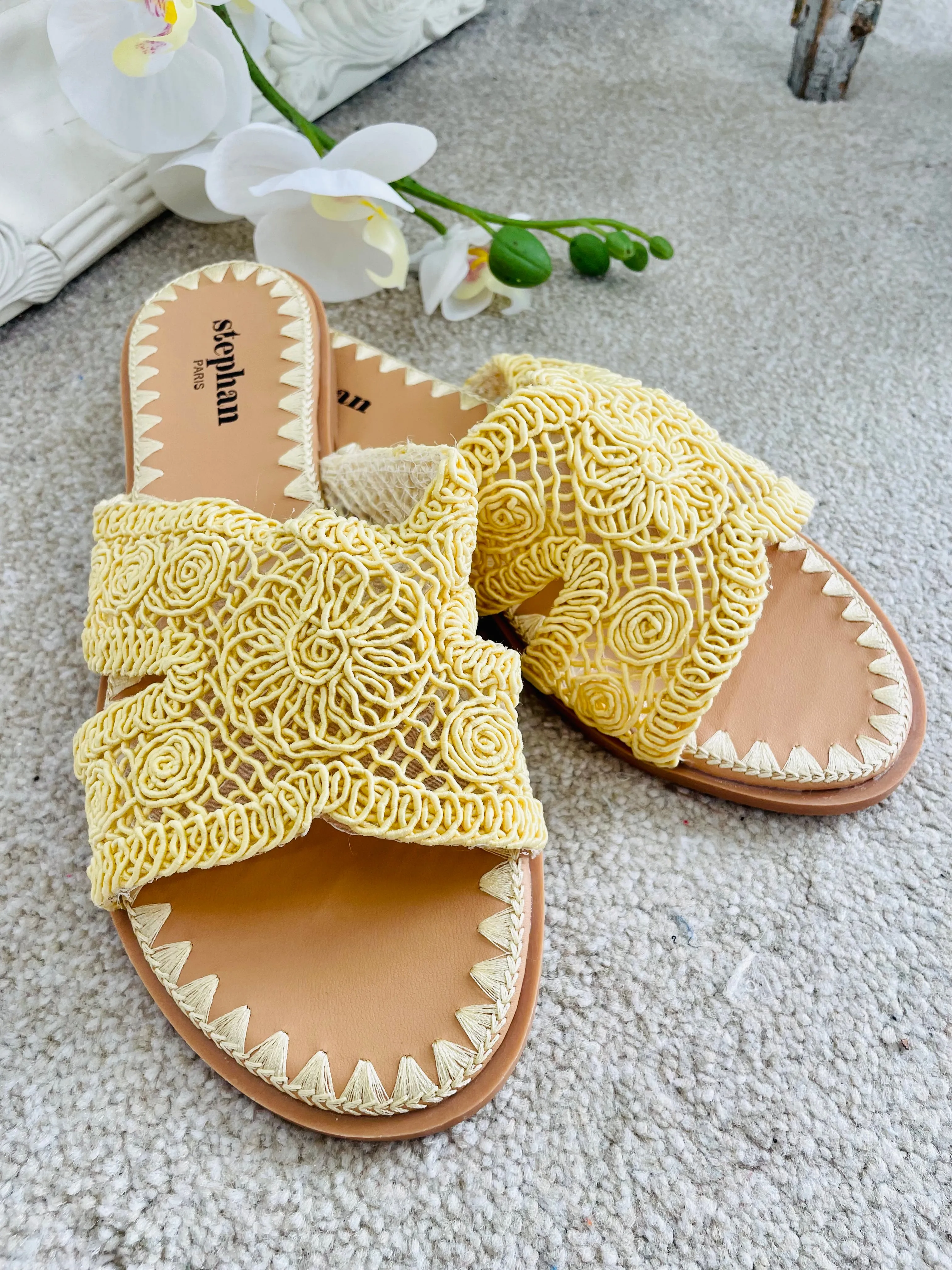CROCHET EFFECT SLIDER SANDALS ( 256 ) - yellow and beige