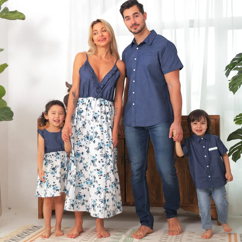 Floral Print Mother Daughter Matching Dress Dad Son T-shirt