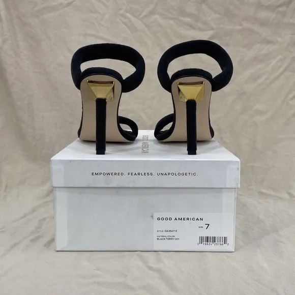 Good American High Heels Women's 7 Black Terry Square Toe‎ Sandals Stiletto Gold