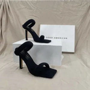 Good American High Heels Women's 7 Black Terry Square Toe‎ Sandals Stiletto Gold