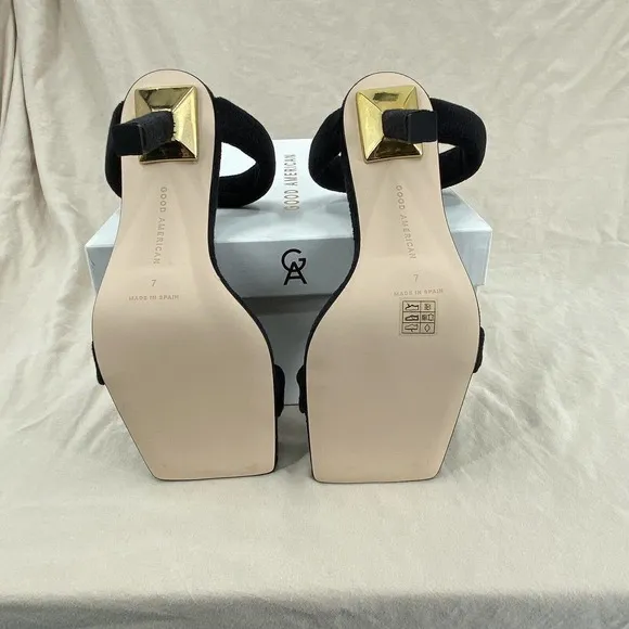 Good American High Heels Women's 7 Black Terry Square Toe‎ Sandals Stiletto Gold