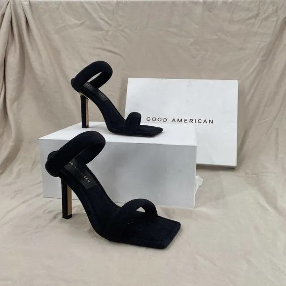 Good American High Heels Women's 7 Black Terry Square Toe‎ Sandals Stiletto Gold