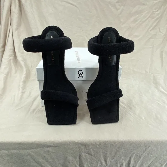 Good American High Heels Women's 7 Black Terry Square Toe‎ Sandals Stiletto Gold