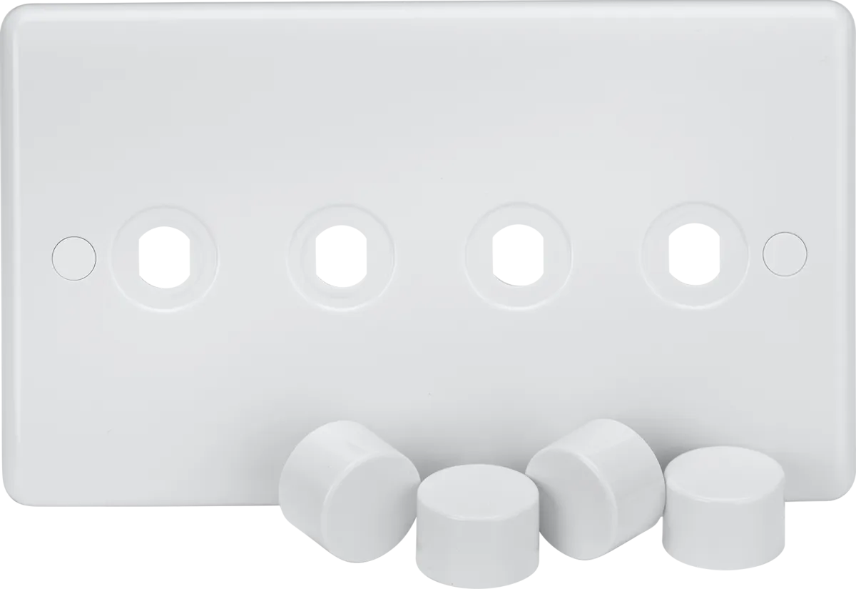 Knightsbridge CU4DIM White Curved Edge 4G Dimmer Plate with Matching Dimmer Caps