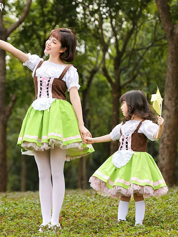Parent-child Green Lolita OP Dress Lace Up Ruffles Lolita One Piece Dresses