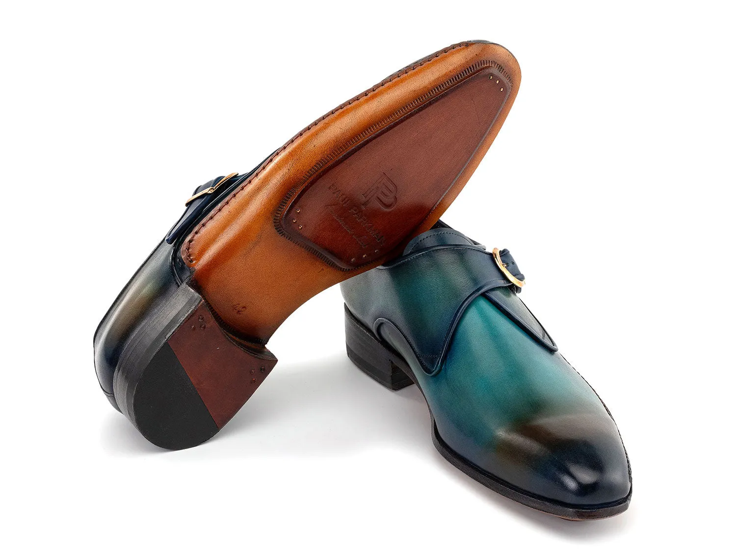 Paul Parkman Men's Single Monkstrap Shoes in Turquoise & Brown