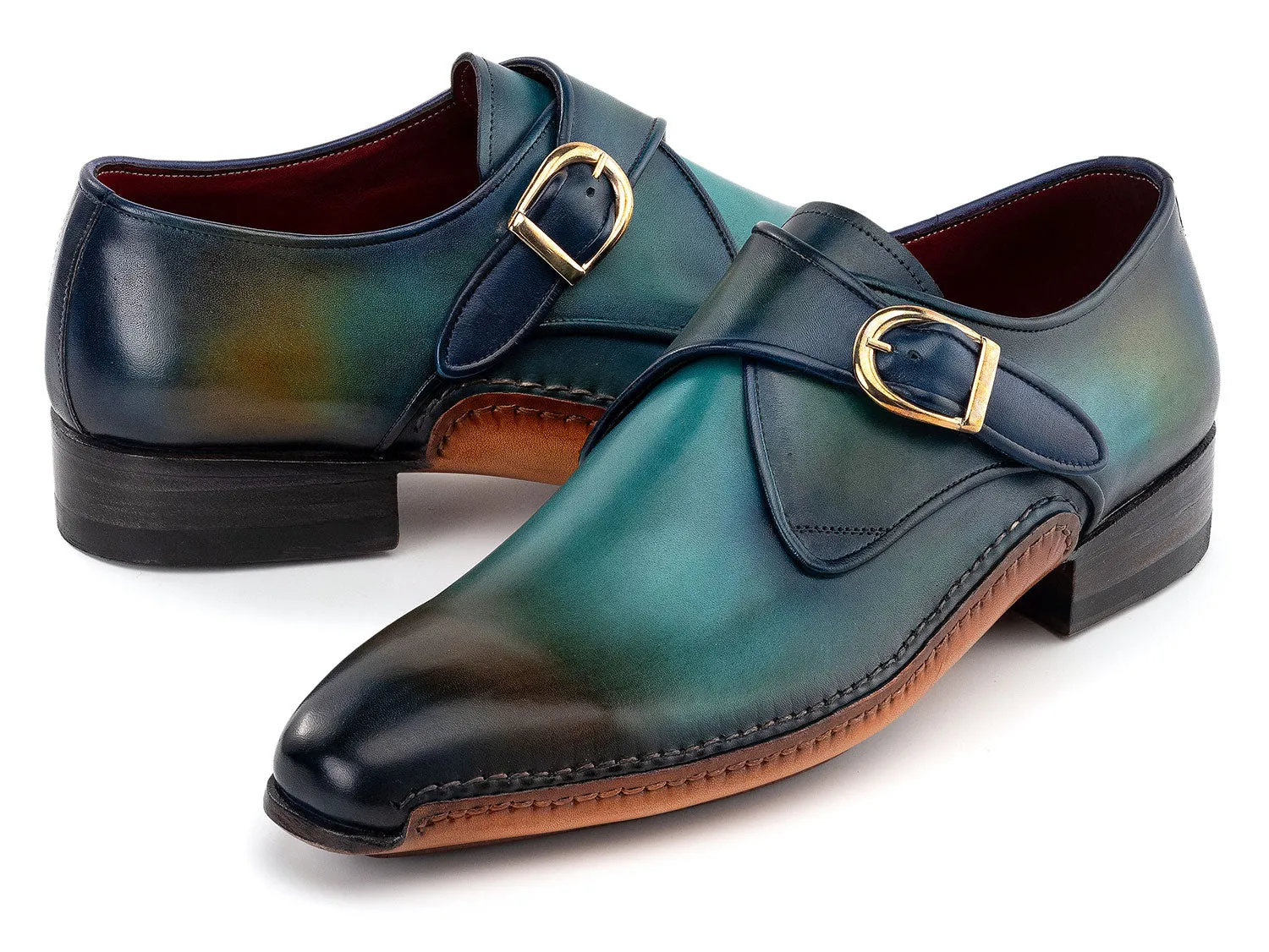 Paul Parkman Men's Single Monkstrap Shoes in Turquoise & Brown