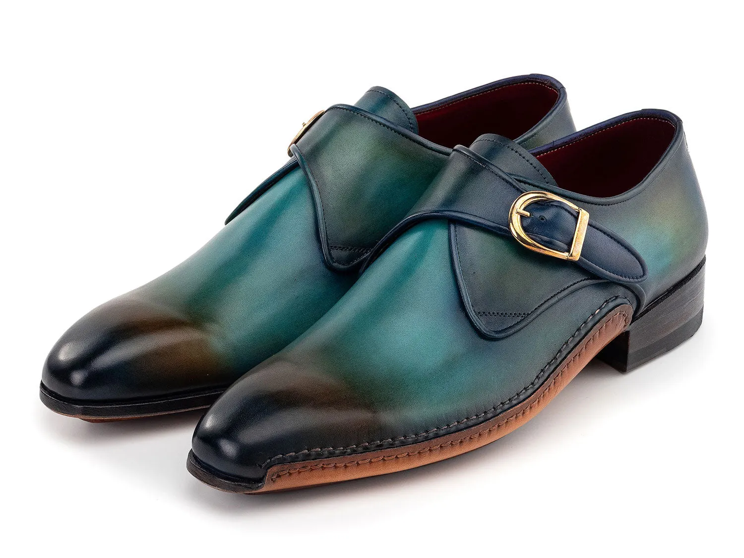 Paul Parkman Men's Single Monkstrap Shoes in Turquoise & Brown
