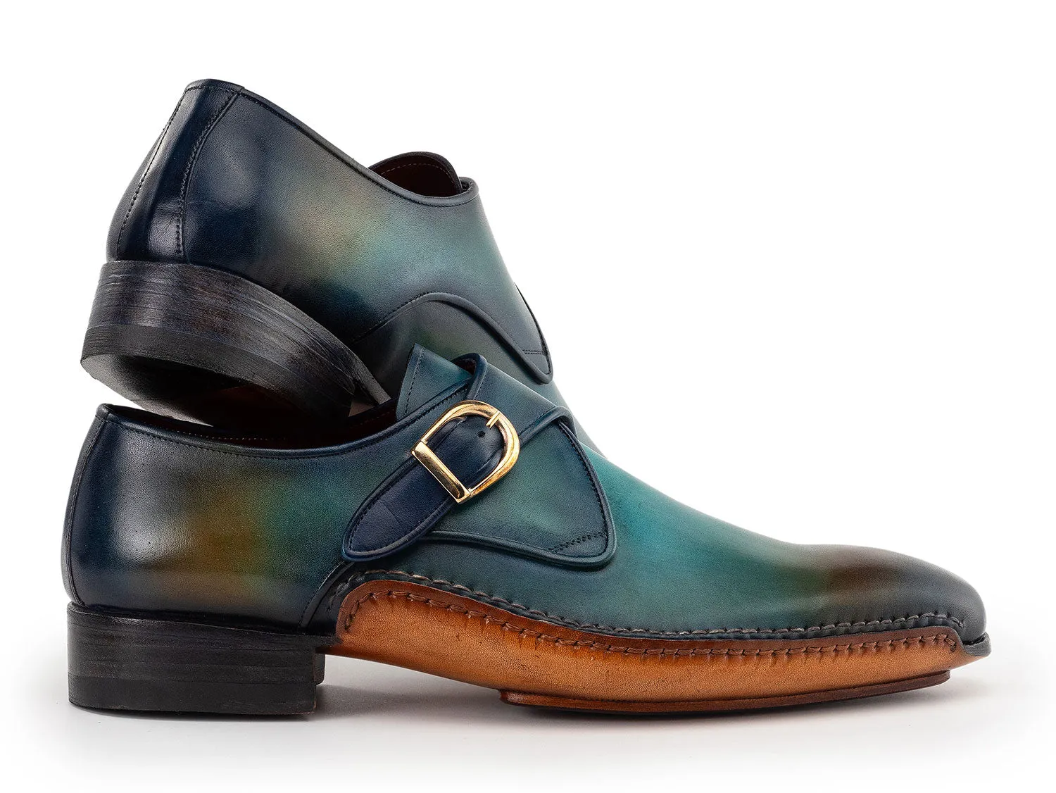 Paul Parkman Men's Single Monkstrap Shoes in Turquoise & Brown