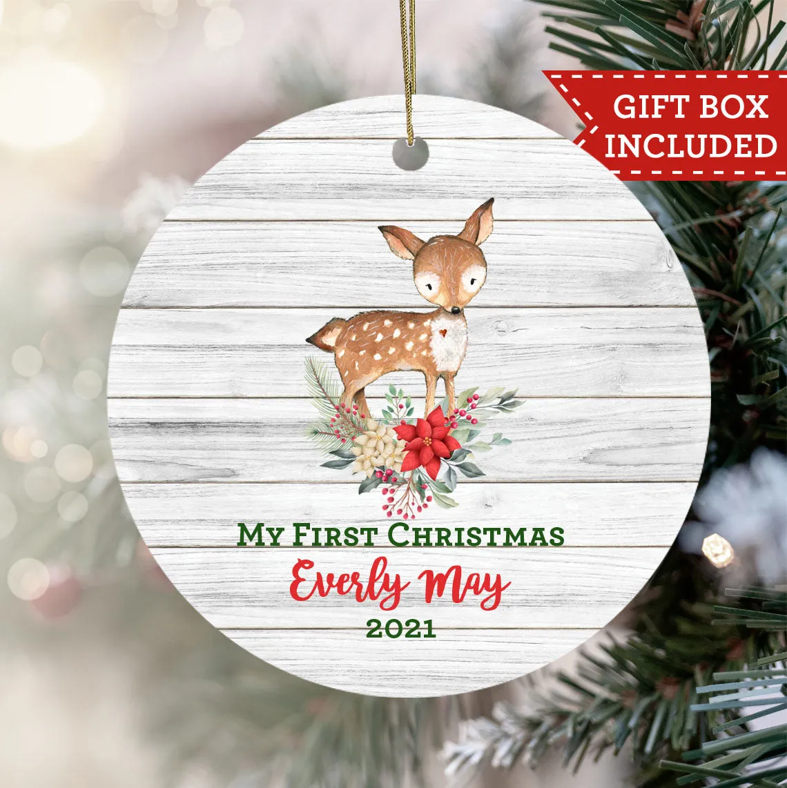 Personalized My First Christmas Ornament - White Washed Wood Fawn