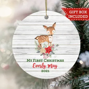 Personalized My First Christmas Ornament - White Washed Wood Fawn