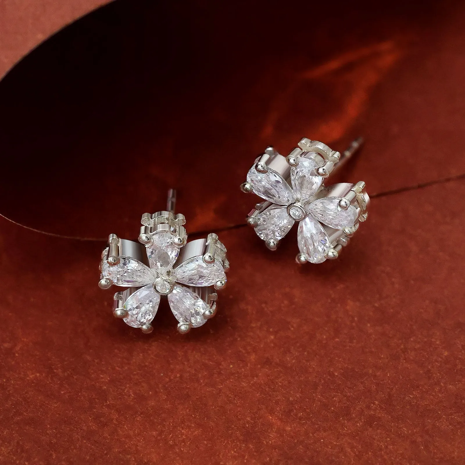Pure Silver Earrings - Five-Petal CZ Floral Stud