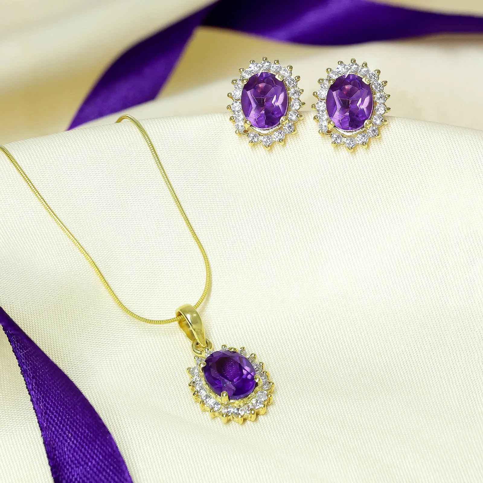 Pure Silver Jewellery Set - Amethyst Oval Majesty