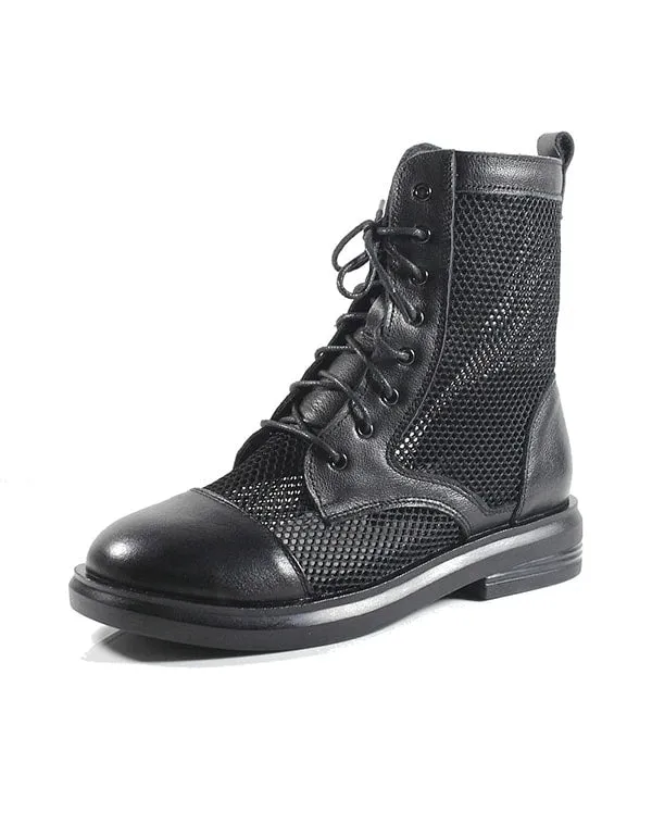 Retro Leather Mesh Summer Boots Black