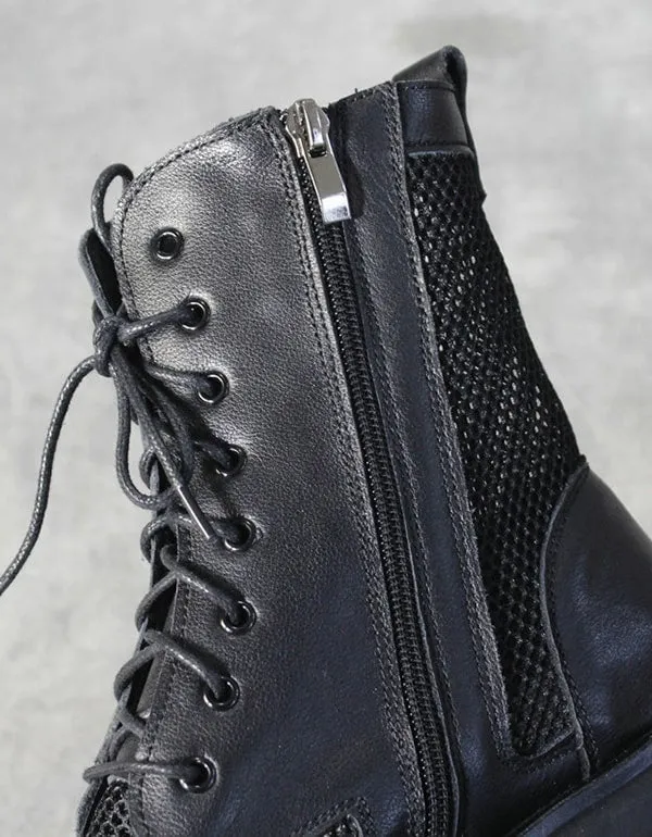 Retro Leather Mesh Summer Boots Black