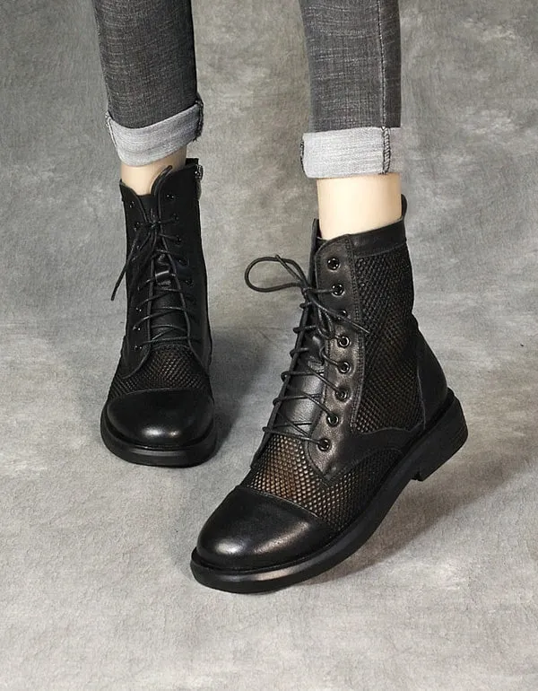 Retro Leather Mesh Summer Boots Black