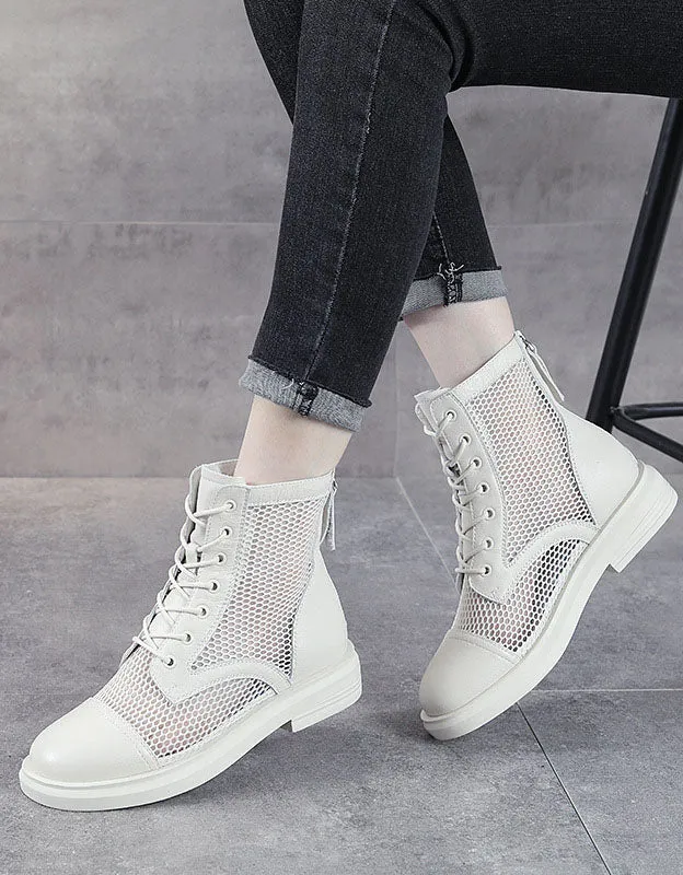 Retro Leather Mesh Summer Boots Black