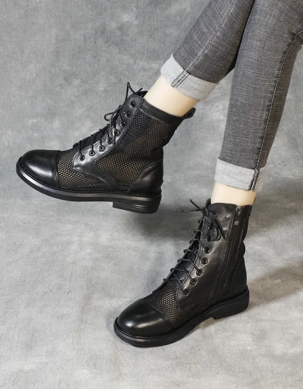 Retro Leather Mesh Summer Boots Black