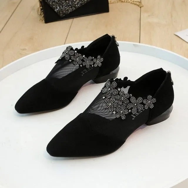 Sandals Women Rhinestone Sandals Women Flowers Low Heel Sandals Women Mesh Plus Size Sandals Sandalias Mujer