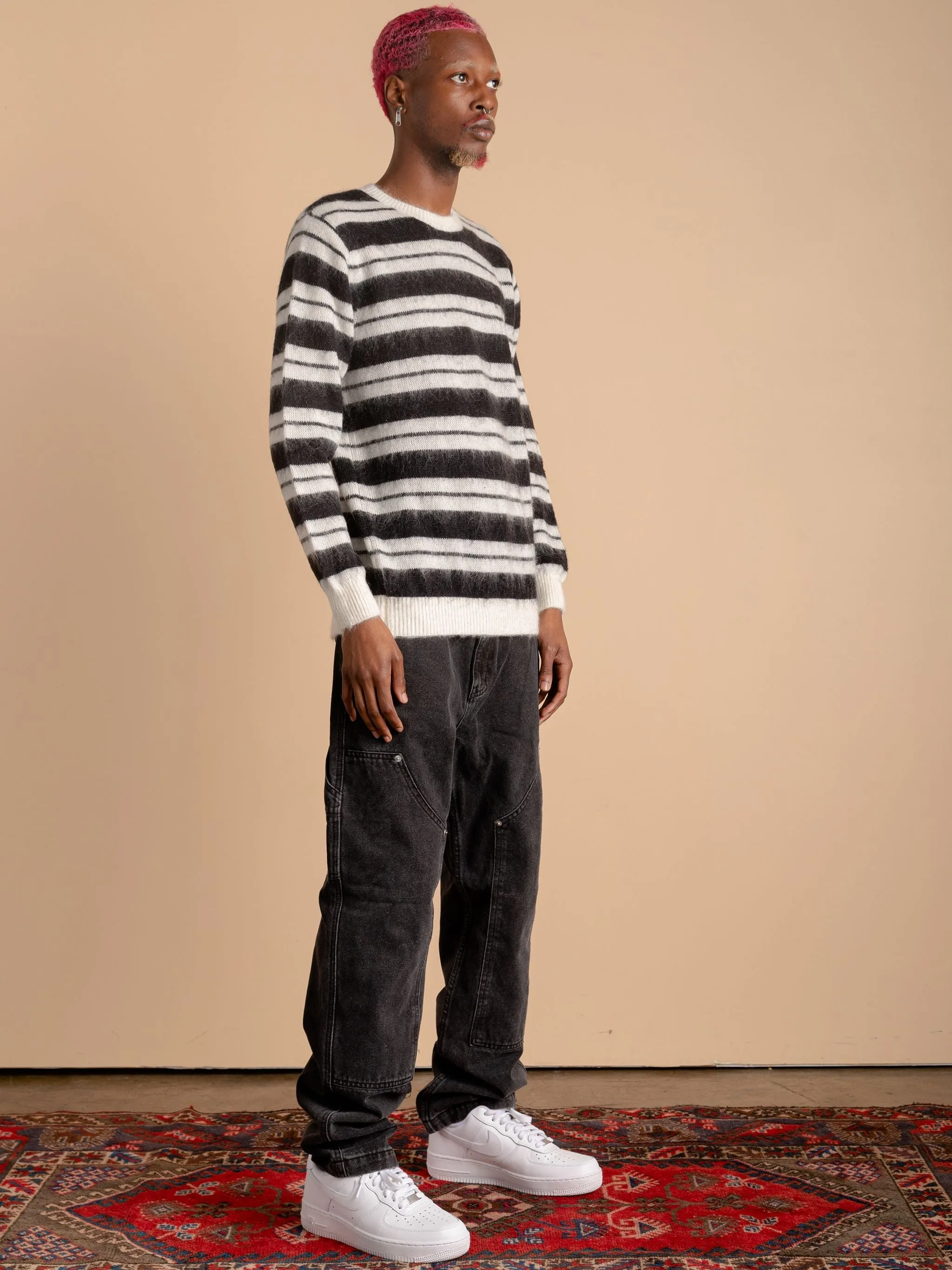 Striped Mohair Knit Sweater-Black/White
