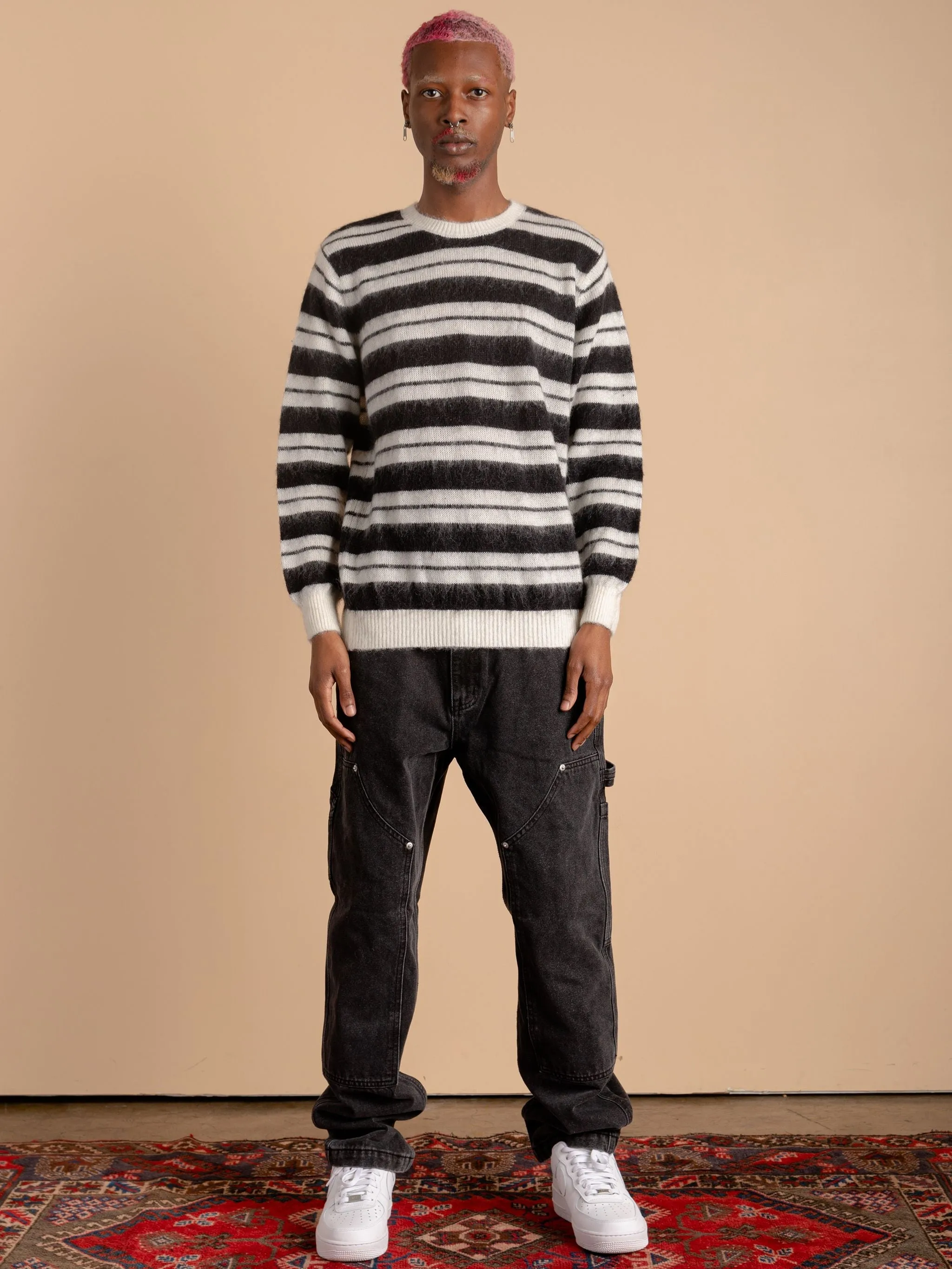 Striped Mohair Knit Sweater-Black/White