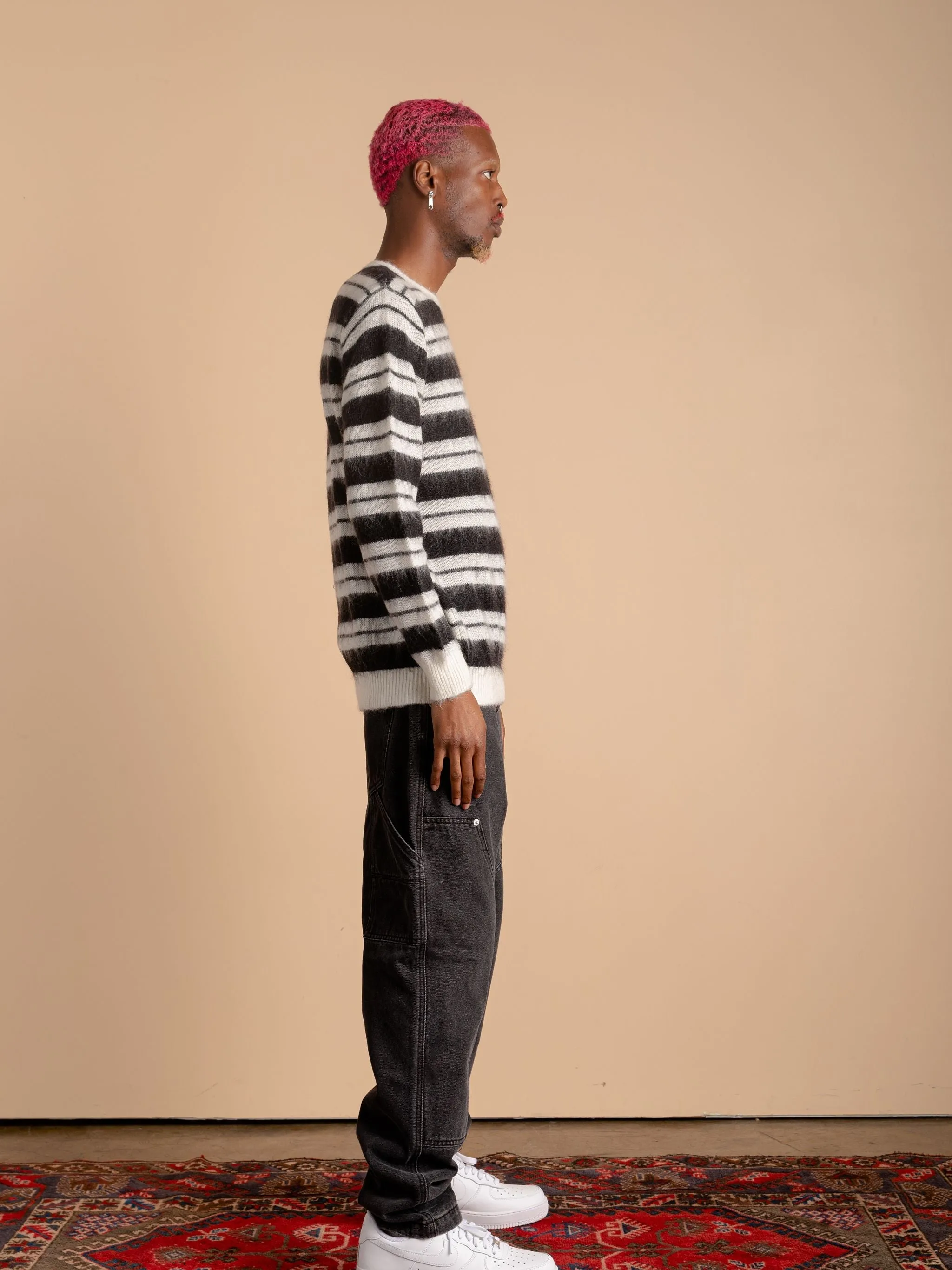 Striped Mohair Knit Sweater-Black/White