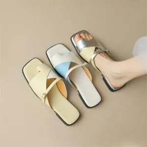 Summer Leather Slippers for Women - Low Heel Square Toe Mixed Color Shoes