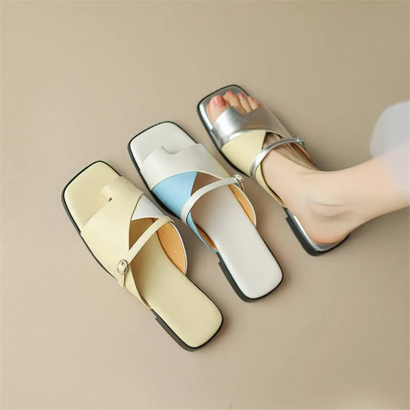 Summer Leather Slippers for Women - Low Heel Square Toe Mixed Color Shoes