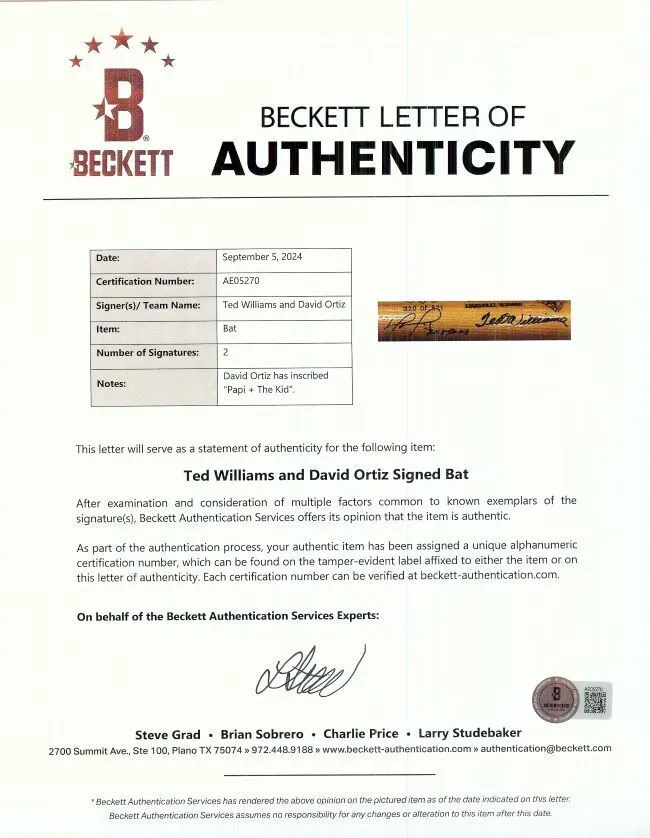 Ted Williams David Ortiz Red Sox Signed Louisville Slugger Bat Papi The Kid BAS