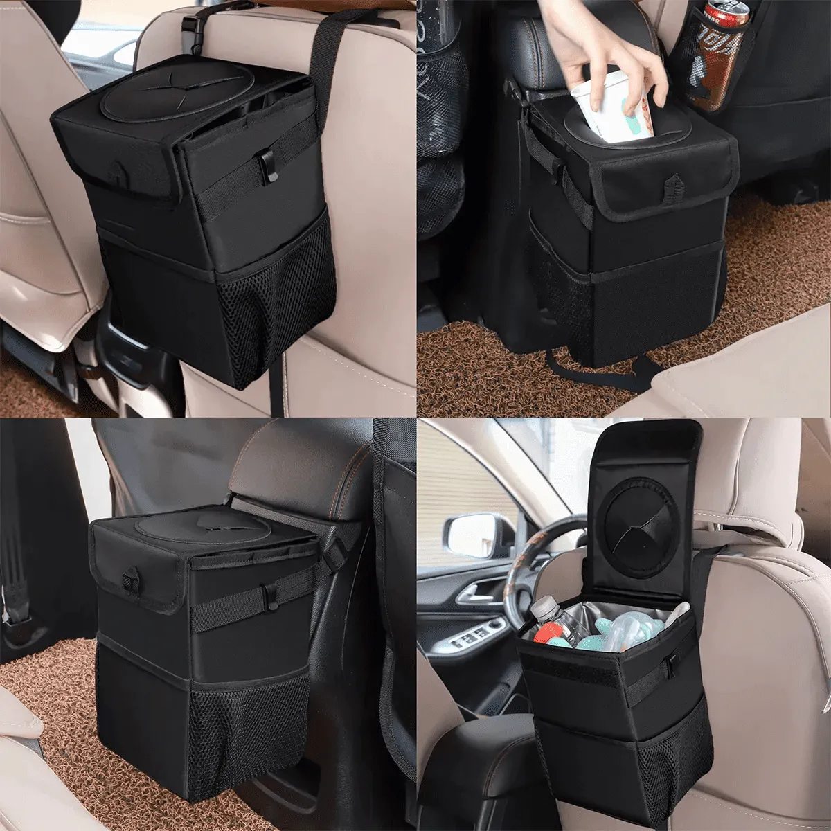 Waterproof Car Trash Can with Lid and Storage Pockets, Custom-Fit For Car, 100% Leak-Proof Car Organizer, Waterproof Car Garbage Can, Multipurpose Trash Bin for Car WAAC234