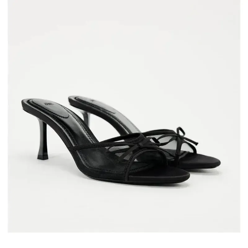 Women Heels Sandals Fashion Heel Slippers Lace Mesh Bow Luxury Sandals