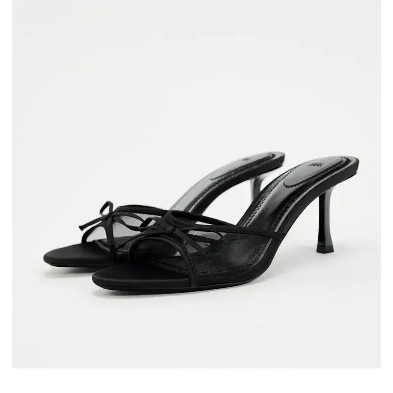 Women Heels Sandals Fashion Heel Slippers Lace Mesh Bow Luxury Sandals