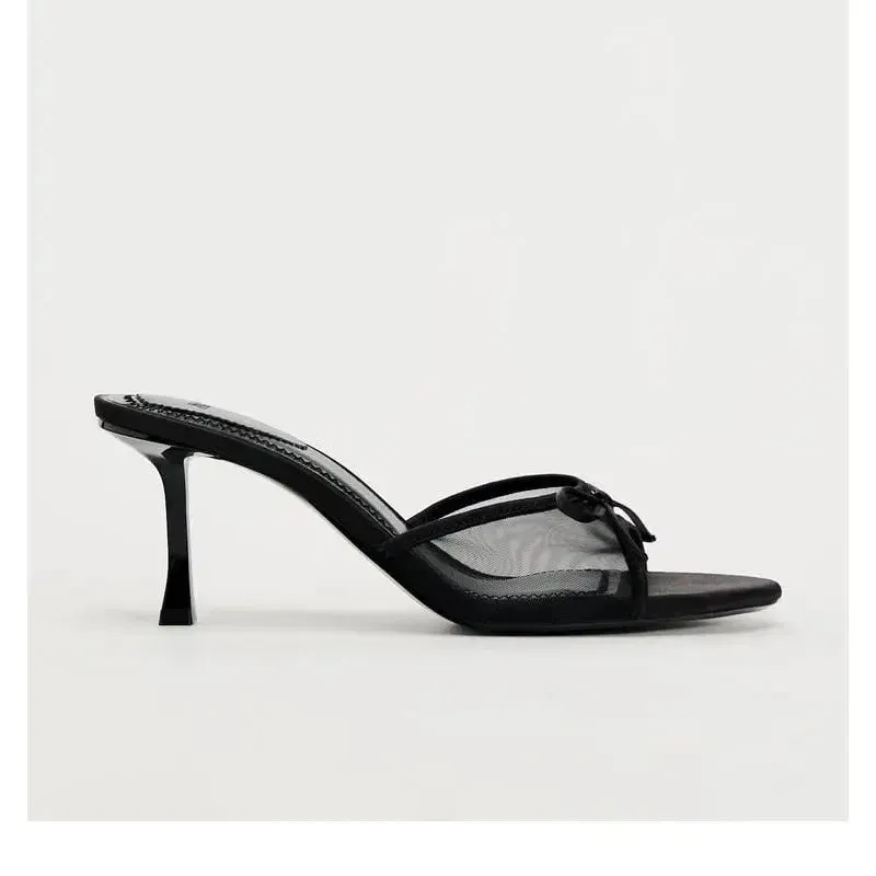 Women Heels Sandals Fashion Heel Slippers Lace Mesh Bow Luxury Sandals