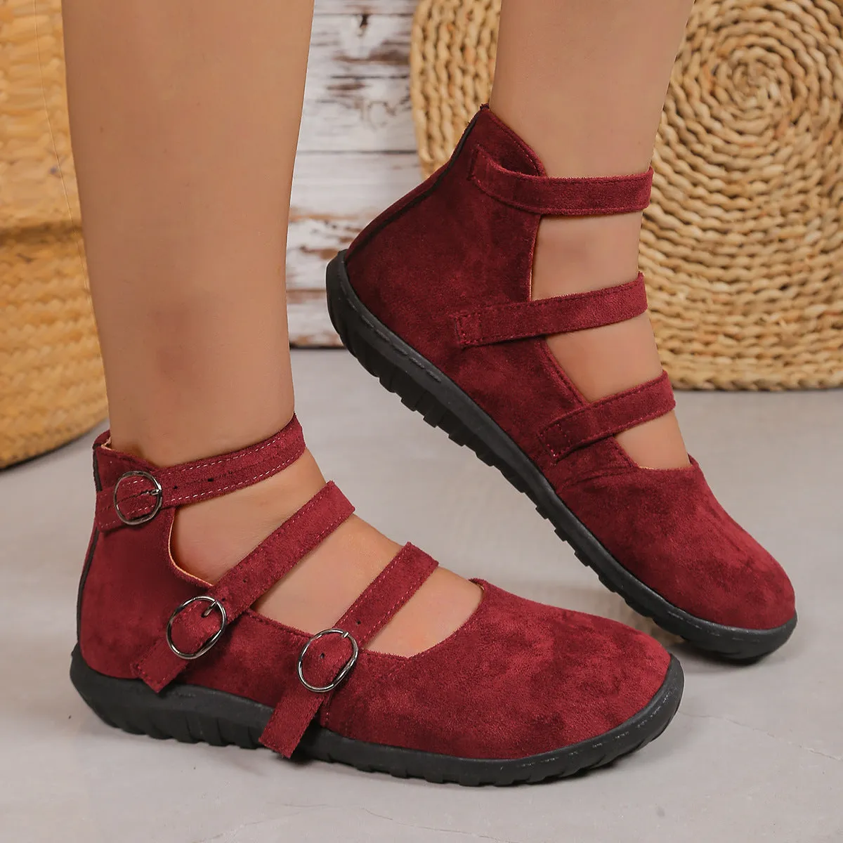 Women's Plus Size Square Toe Vintage Double Buckle Cloth Shoes
